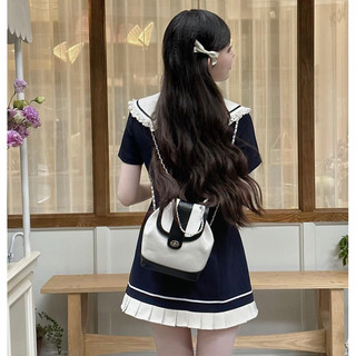 Đầm Váy Nữ Cổ Thuỷ Thủ Cột Nơ Xanh Đen Mix Viền Trắng Kem Tay Ngắn Dáng Xoè Xếp Li Phong Cách Nhật Bản