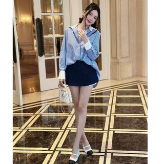 Set Đồ Nữ Áo Sơ Mi Kẻ Sọc Xanh Cổ Trắng Tay Dài Phồng Xẻ Sau Cột Nơ Mix Váy Jean Ngắn Siêu Xinh Năng Động