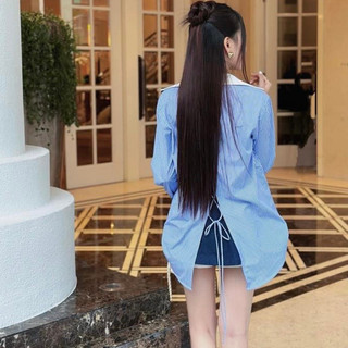 Set Đồ Nữ Áo Sơ Mi Kẻ Sọc Xanh Cổ Trắng Tay Dài Phồng Xẻ Sau Cột Nơ Mix Váy Jean Ngắn Siêu Xinh Năng Động
