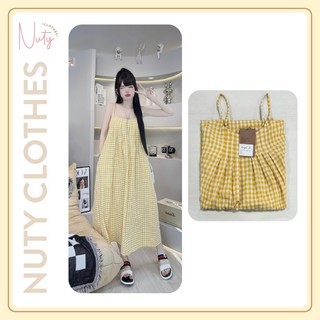 Đầm Nữ Maxi Caro 2 Dây Dáng Suông Dài Màu Vàng Phong Cách Hàn Quốc