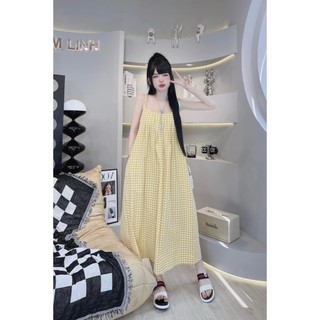 Đầm Nữ Maxi Caro 2 Dây Dáng Suông Dài Màu Vàng Phong Cách Hàn Quốc