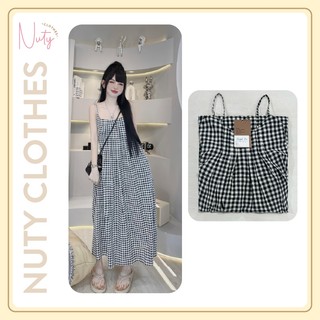 Đầm Nữ Maxi Caro 2 Dây Dáng Suông Dài Màu Đen Phong Cách Hàn Quốc