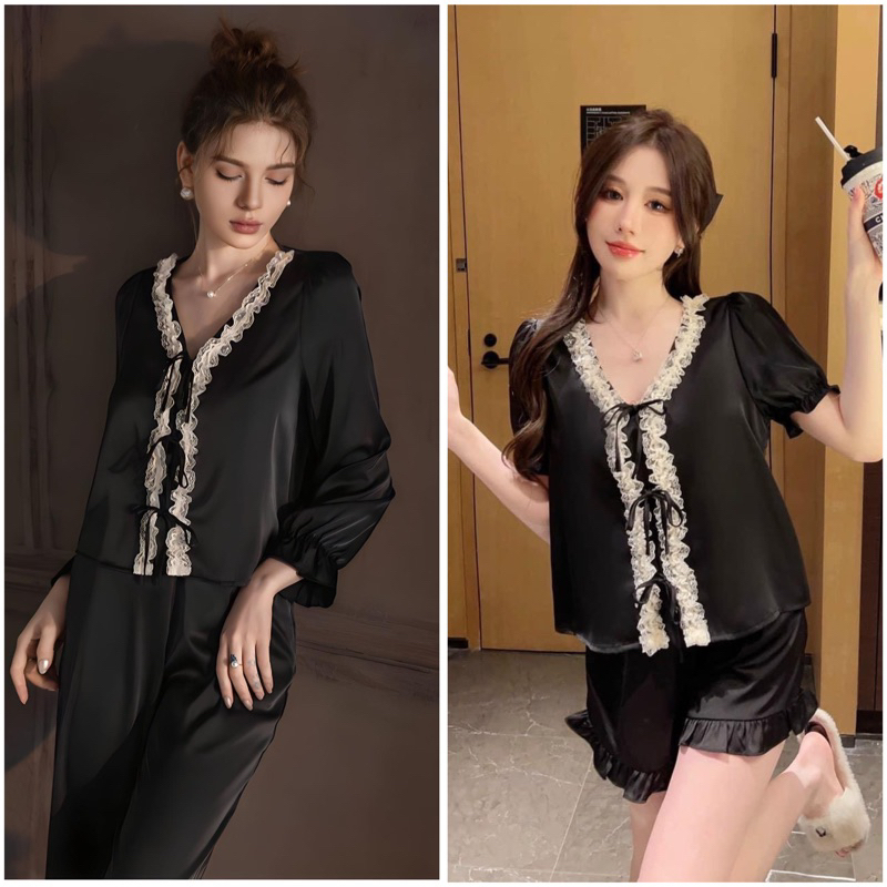 Set lụa mặc nhà phối ren viền thân áo, 2 phân loại ngắn / dài [Mã #51 ...