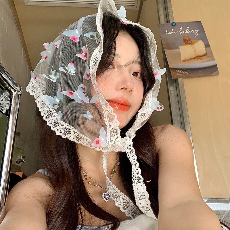 KHĂN TRÙM ĐẦU BANDANA REN HÌNH BƯỚM SIÊU XINH