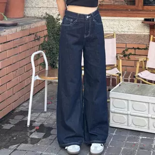 [PREMIUM - JEANS QC] Quần Ống Rộng Lưng Cao Xanh Chỉ Trắng MINI09