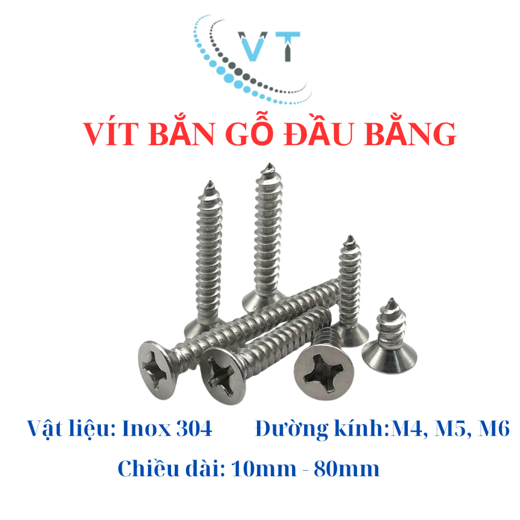 Túi 10-30 Con Vít Bắn Gỗ Đầu Bằng Inox 304 - Vít Nhọn Inox Bắt Tắc Kê Đầu Bake 4li 5li 6li Cao Cấp (Không Gỉ)