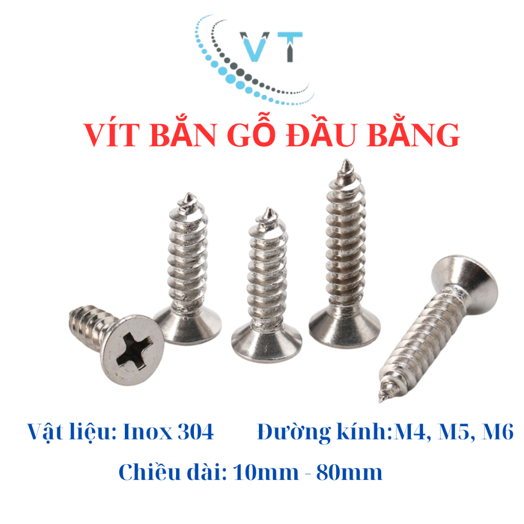 Túi 10-30 Con Vít Bắn Gỗ Đầu Bằng Inox 304 - Vít Nhọn Inox Bắt Tắc Kê Đầu Bake 4li 5li 6li Cao Cấp (Không Gỉ)