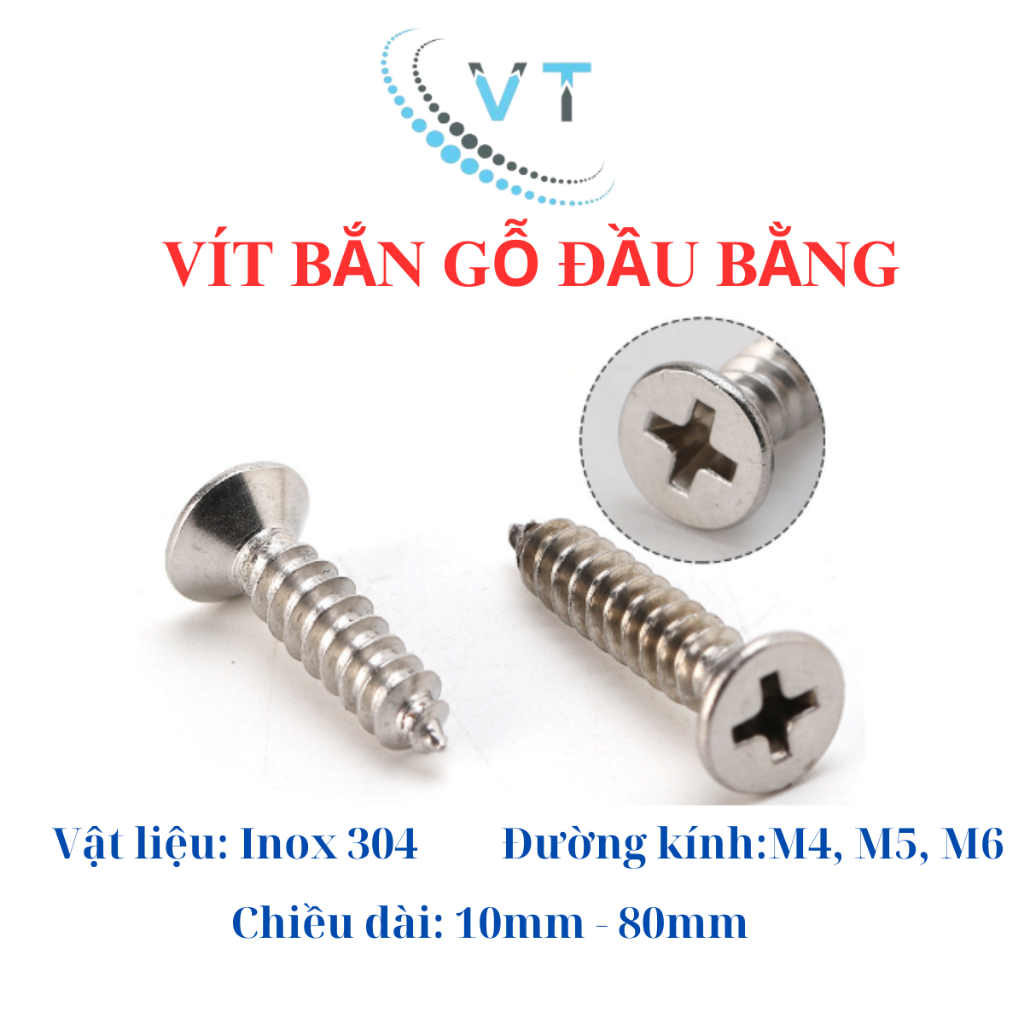 Túi 10-30 Con Vít Bắn Gỗ Đầu Bằng Inox 304 - Vít Nhọn Inox Bắt Tắc Kê Đầu Bake 4li 5li 6li Cao Cấp (Không Gỉ)