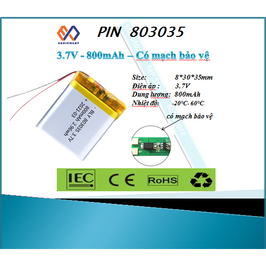 Linh kiện điện tử Pin sạc Li-Po 3.7V 800mAh 803035 (có mạch bảo vệ ...