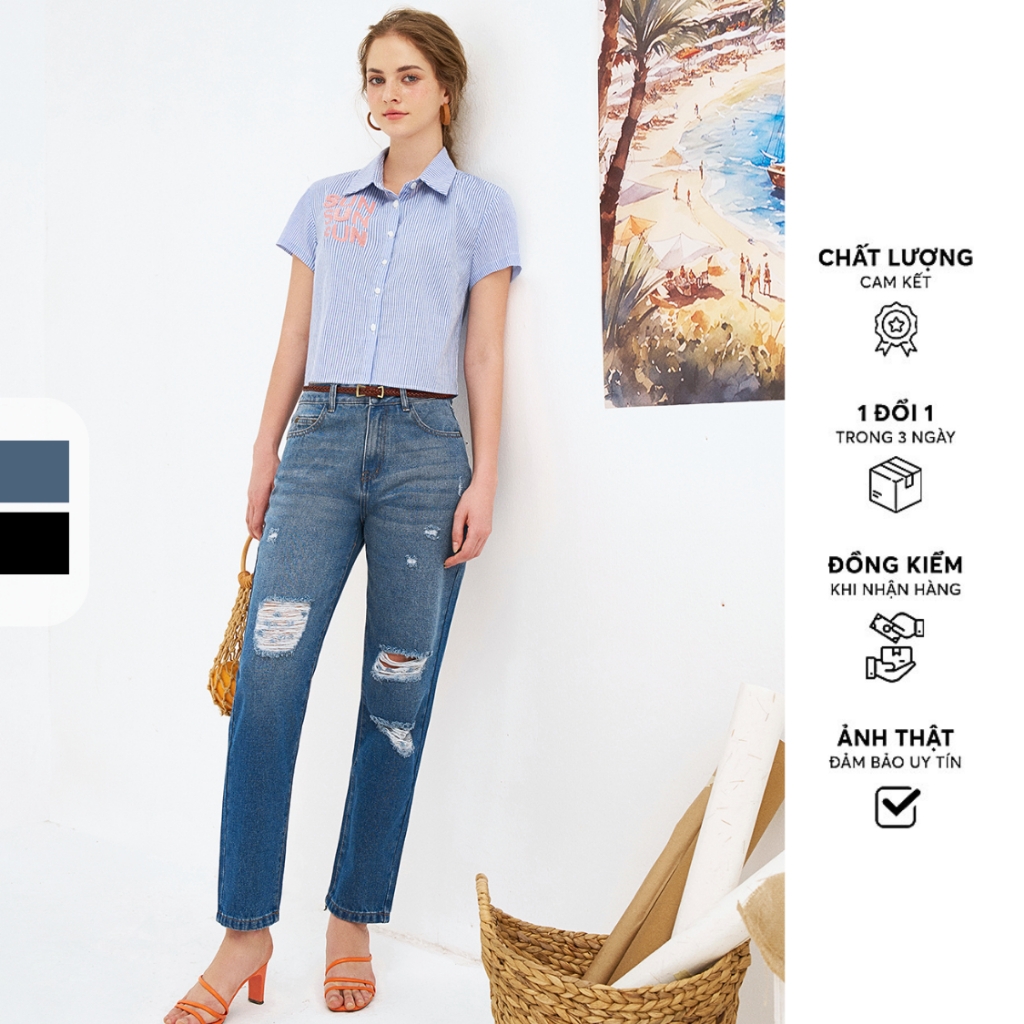 Ảnh Quần Mom fit jeans casual style dark grey và blue rách gối 313JE4001 ADORE DRESS 1