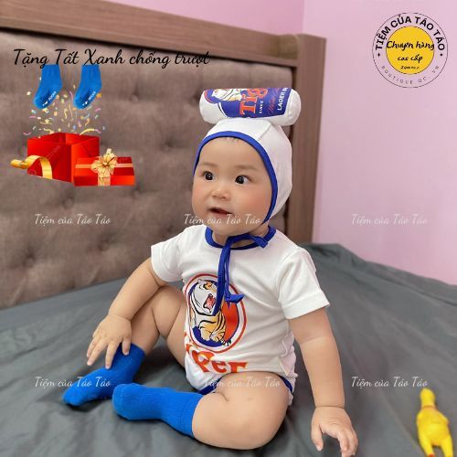 (HÀNG CÓ SẴN )Set bodysuit Bia Ken và Tiger  lon kèm mũ, tặng kèm tất màu chống trượt cùng viền cho bé trai, bé gái