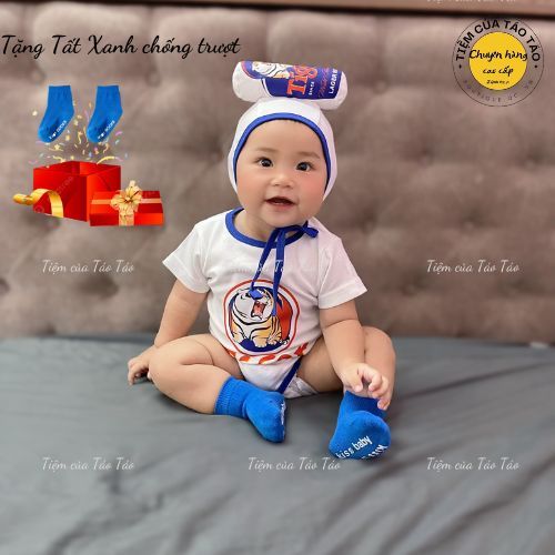 (HÀNG CÓ SẴN )Set bodysuit Bia Ken và Tiger  lon kèm mũ, tặng kèm tất màu chống trượt cùng viền cho bé trai, bé gái