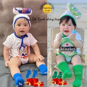 Set bodysuit Bia Ken và Tiger lon kèm mũ, tặng kèm tất màu chống trượt cùng viền cho bé trai, bé gái