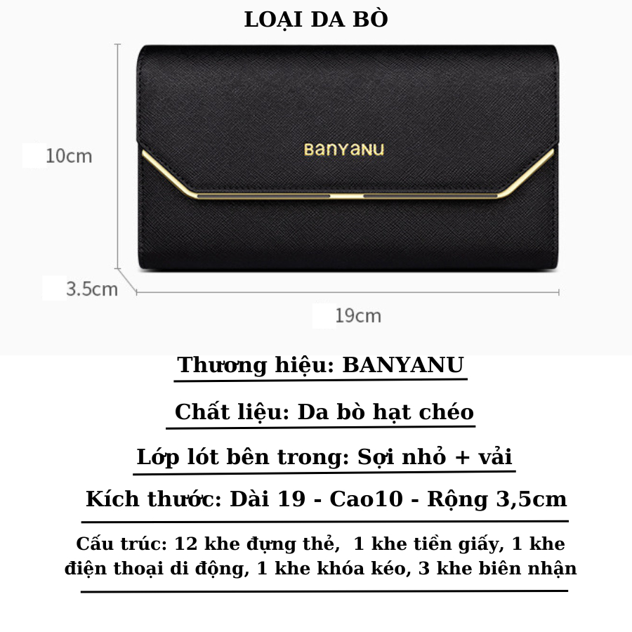 Ví Nữ Dài Ví Nữ Cầm Tay Da Bò Bóp Tiền Cao Cấp BCV-VN03 Chính Hãng BANYANU Thời Trang Phong Cách Sang Trọng Đủ Màu