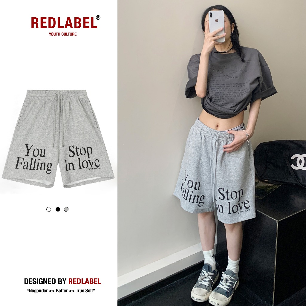 Quần Short Nỉ Họa Tiết In "STOP FALLING LOVE" REDLABEL Cá Tính Cao Cấp, Quần Đùi Thun Nỉ Dày Dặn Có Túi Kết Hợp Dây Rút