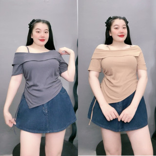 Áo Trễ Vai Bigsize Nữ Cổ Gập Tà Xẻ Vạt Chéo Tay Ngắn Sang Chảnh Vải Thun Gân G213