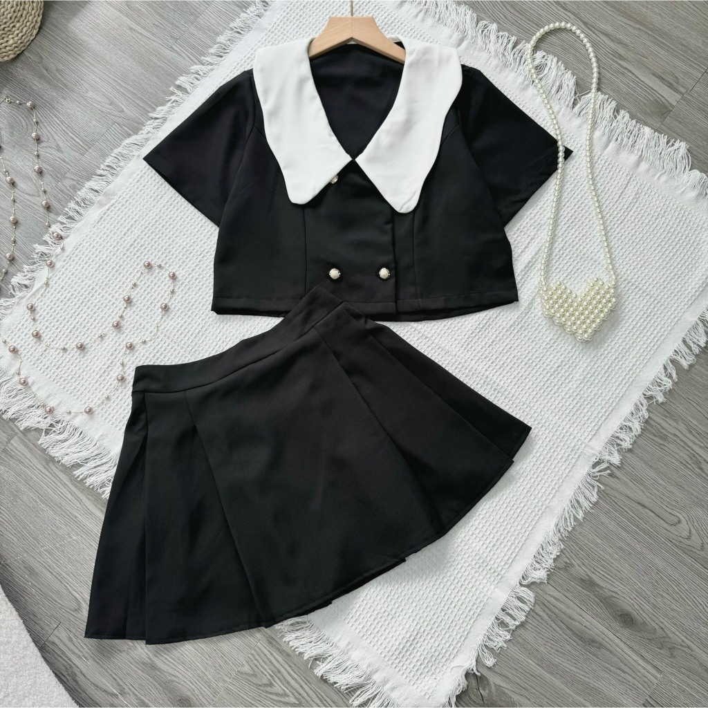 Set Thiết Kế Bigsize Nữ Áo Cổ Búp Bê Kèm Chân Váy Xếp Ly Dáng Chữ A Vải Cotton Lạnh SET829