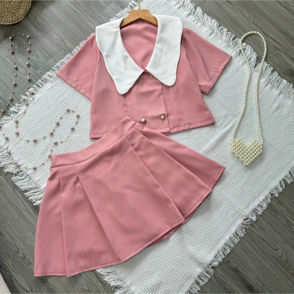 Set Thiết Kế Bigsize Nữ Áo Cổ Búp Bê Kèm Chân Váy Xếp Ly Dáng Chữ A Vải Cotton Lạnh SET829