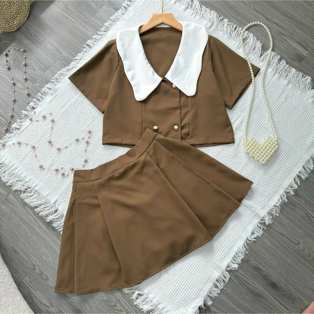 Set Thiết Kế Bigsize Nữ Áo Cổ Búp Bê Kèm Chân Váy Xếp Ly Dáng Chữ A Vải Cotton Lạnh SET829
