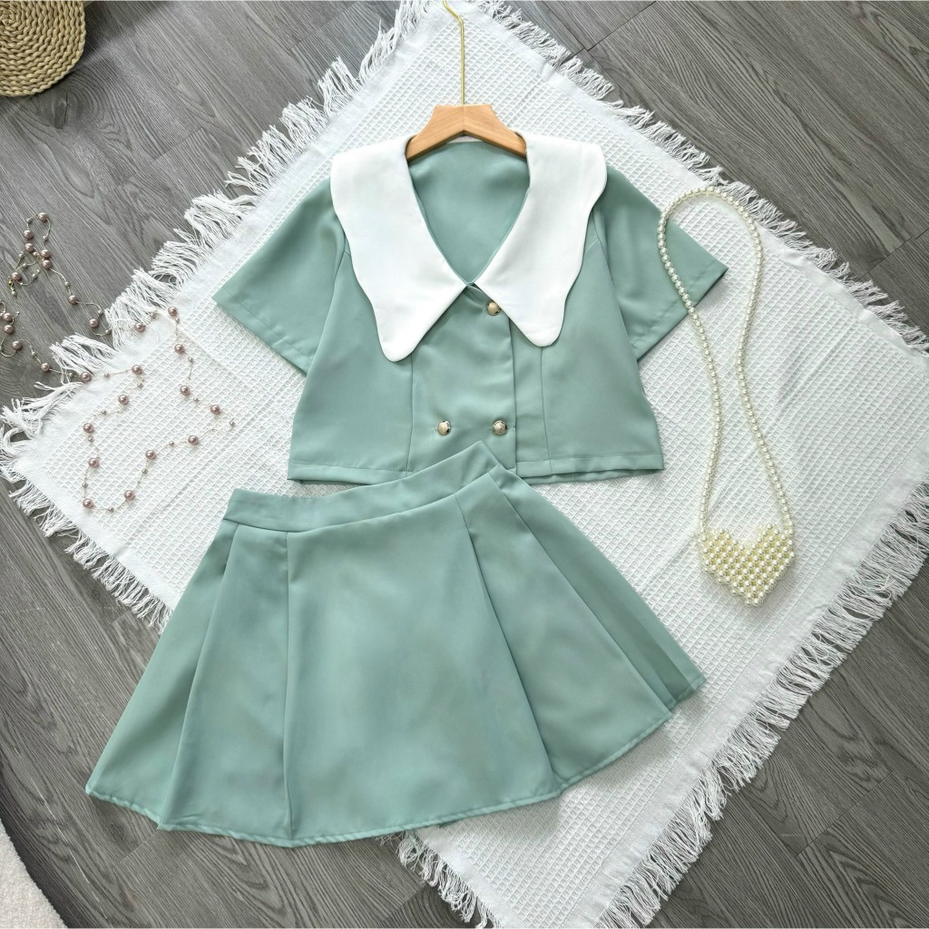 Set Thiết Kế Bigsize Nữ Áo Cổ Búp Bê Kèm Chân Váy Xếp Ly Dáng Chữ A Vải Cotton Lạnh SET829