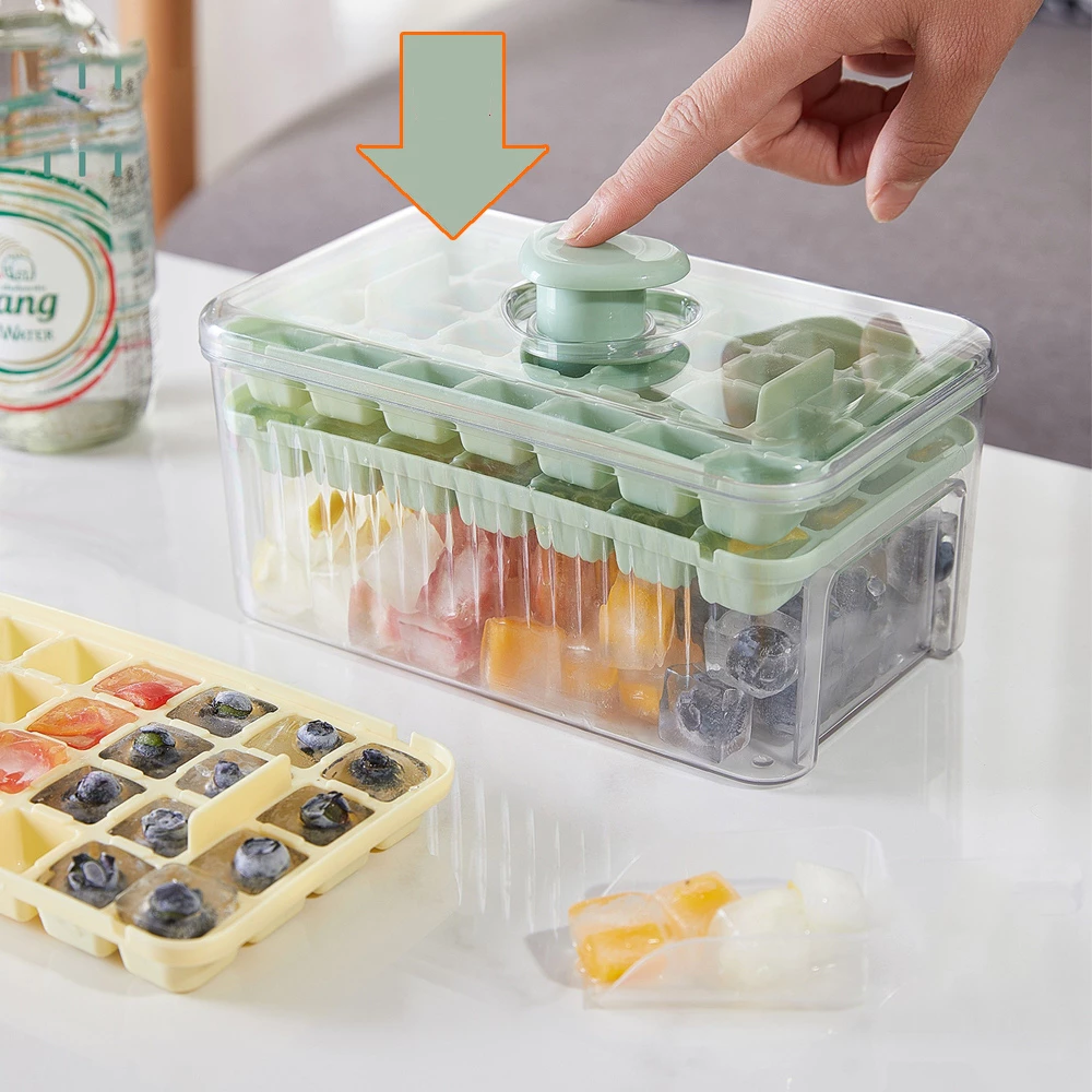 Hộp khay làm đá thông minh ECO nhấn nút lấy đá dễ dàng, Khay đá 56 viên 2 tầng tiện lợi thông minh
