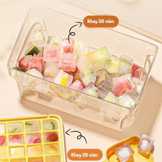 (SẴN) Hộp Khay Làm Đá Thông Minh ECO 2 Tầng 56 Viên, Khay Đá Nhấn Nút Lấy Đá Dễ Dàng Có Nắp Ngăn Mùi