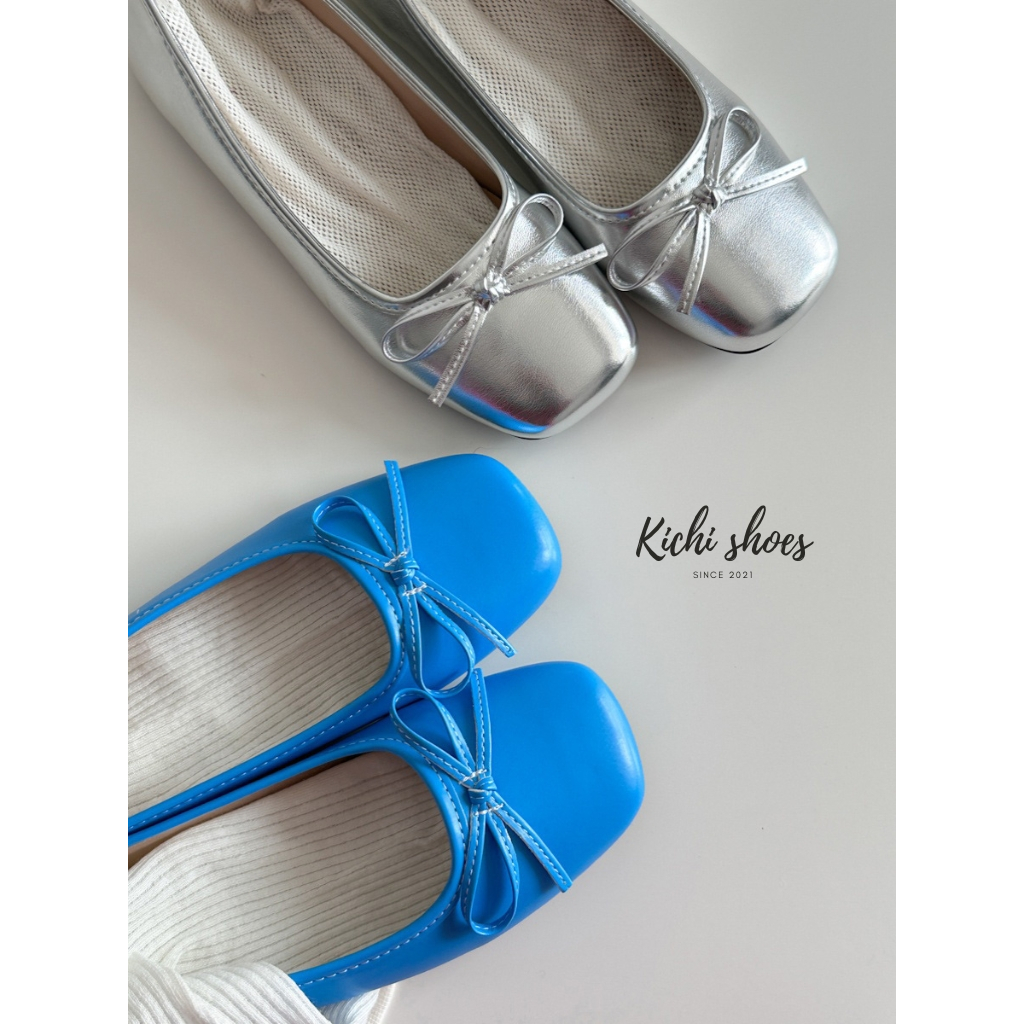 Giày ba lê xanh nơ nữ 2024 xuân hè phong cách mới Hàn Quốc coquette Kichi Shoes A815