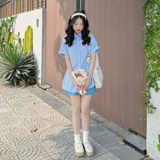 Đồ bộ sơ mi ulzang áo có cúc nhún eo vải lụa chéo kèm quần đùi lưng chun vải FOS SET40