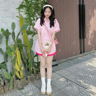 Đồ bộ sơ mi ulzang áo có cúc nhún eo vải lụa chéo kèm quần đùi lưng chun vải FOS SET40