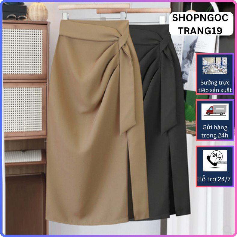 Chân Váy Bút Chì Xẻ Trước Nhúm Ly Phối Dây Thời Trang Công Sở Cao Cấp_Chất Chéo Nhật_2 Lớp_CV01T