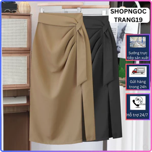 Chân Váy Bút Chì Xẻ Trước Nhúm Ly Phối Dây Thời Trang Công Sở Cao Cấp_Chất Chéo Nhật_2 Lớp_CV01T