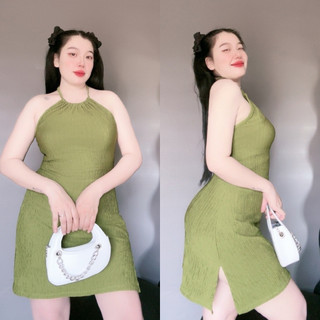 Đầm cổ yếm bigsize nữ xẻ tà nhẹ sành điệu chất vải xốp mềm mát cho nàng chubby - G84