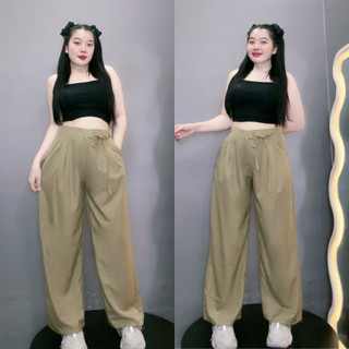 Quần suông bigsize nữ ống rộng cạp cao có dây thắt nơ thanh lịch chất cotton lạnh cho từ 60-95kg QD
