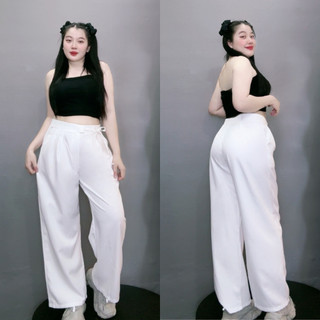 Quần suông bigsize nữ ống rộng cạp cao có dây thắt nơ thanh lịch chất cotton lạnh cho từ 60-95kg QD