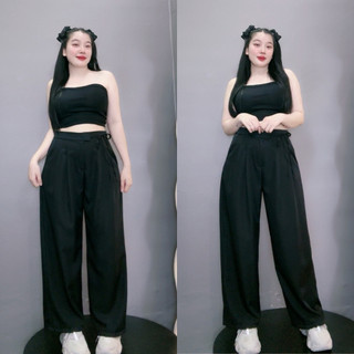 Quần suông bigsize nữ ống rộng cạp cao có dây thắt nơ thanh lịch chất cotton lạnh cho từ 60-95kg QD