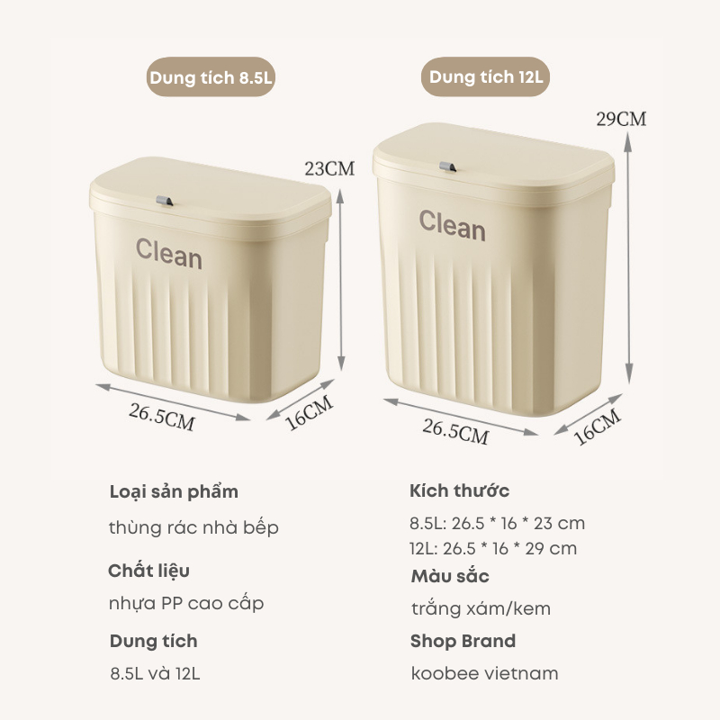 Thùng Rác Treo Tủ Bếp Dán Tường 12L KOOBEE Nắp Trượt Đậy Kín Ngăn Mùi 2 Kiểu Treo Đa Năng Tiện Lợi | 097