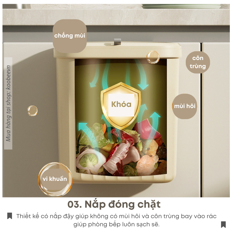 Thùng Rác Treo Tủ Bếp Dán Tường 12L KOOBEE Nắp Trượt Đậy Kín Ngăn Mùi 2 Kiểu Treo Đa Năng Tiện Lợi | 097