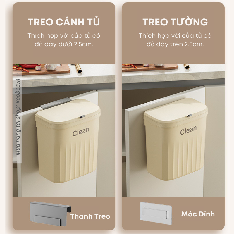 Thùng Rác Treo Tủ Bếp Dán Tường 12L KOOBEE Nắp Trượt Đậy Kín Ngăn Mùi 2 Kiểu Treo Đa Năng Tiện Lợi | 097