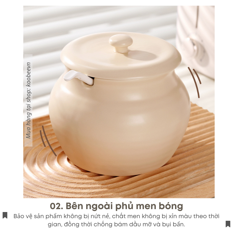 Hũ Thố Gốm Sứ Đựng Mỡ Lợn, Gia Vị 600ml KOOBEE Không Chì Chịu Nhiệt Kèm Thìa Có Nắp Đậy Cao Cấp| 102