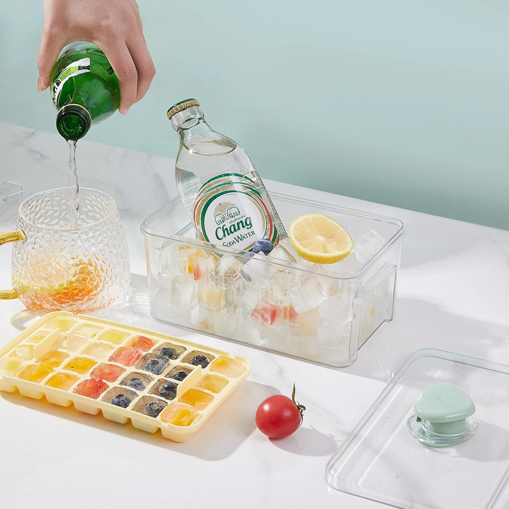 Hộp khay làm đá thông minh ECO nhấn nút lấy đá dễ dàng, Khay đá 56 viên 2 tầng tiện lợi thông minh