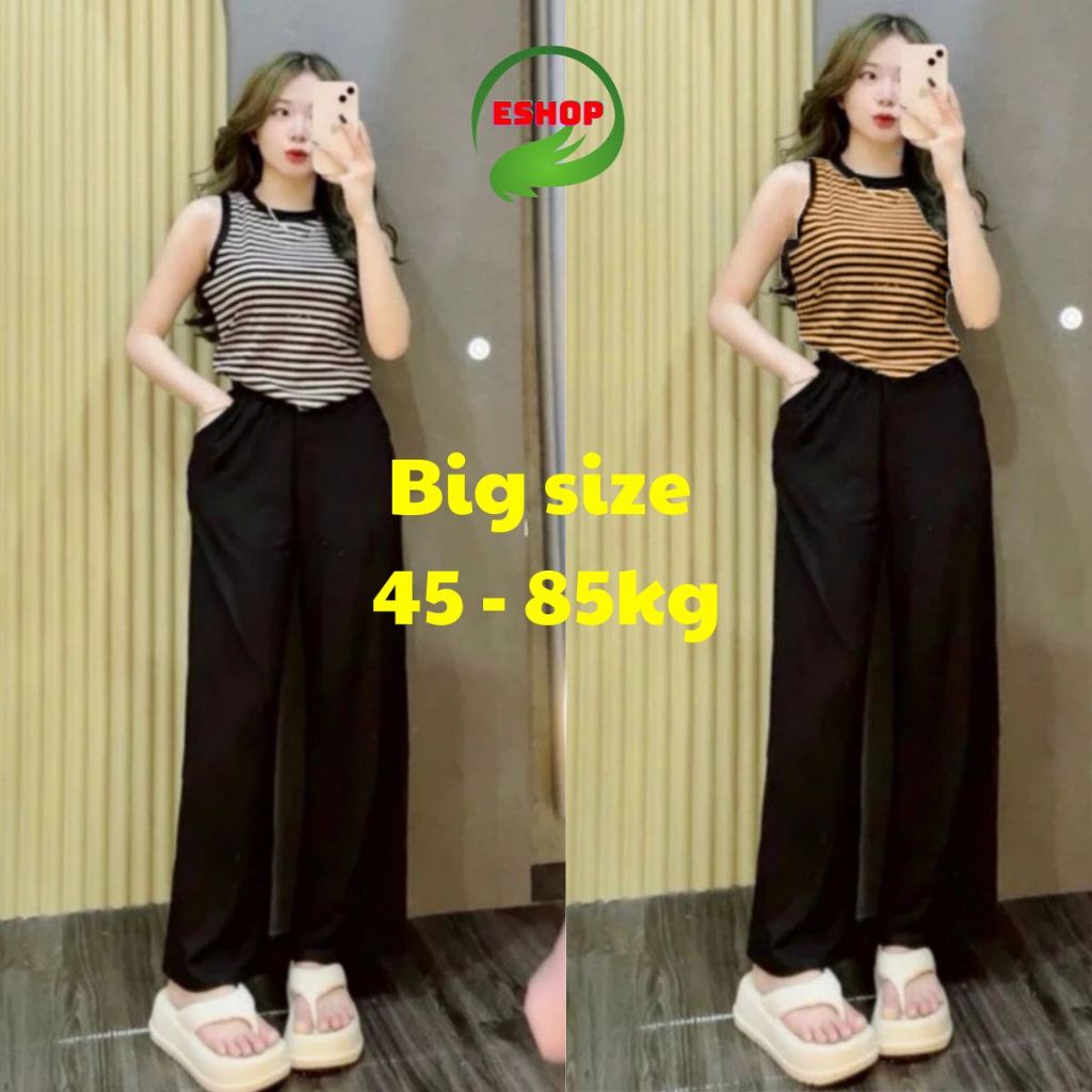 Set Bộ Mặc Nhà Ba Lỗ Mặc Hè Bigsize ESHOP Đồ Bộ Nữ Quần Ống Suông Rộng Chất Thun Gân Tăm Lạnh DB89