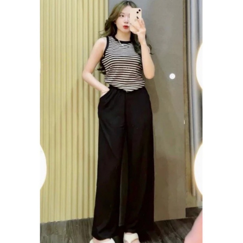Set Bộ Mặc Nhà Ba Lỗ Mặc Hè Bigsize ESHOP Đồ Bộ Nữ Quần Ống Suông Rộng Chất Thun Gân Tăm Lạnh DB89