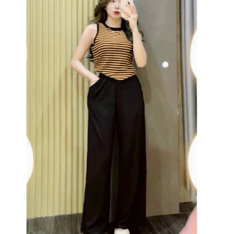 Set Bộ Mặc Nhà Ba Lỗ Mặc Hè Bigsize ESHOP Đồ Bộ Nữ Quần Ống Suông Rộng Chất Thun Gân Tăm Lạnh DB89