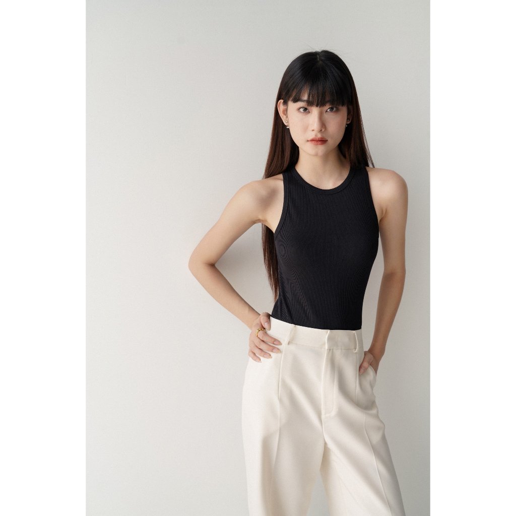 Ảnh Áo Tank Top Nữ MONOTALK Chất Cotton Kẻ Tăm Dáng Ôm Cổ Yếm T20001FT 2