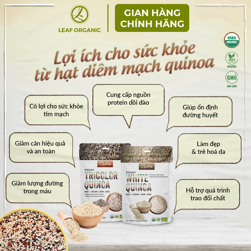 Ảnh Hạt diêm mạch Quinoa hữu cơ C'Lavie 200gr - không biến đổi gen 3