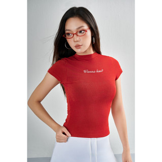 THEKIM Áo thun babytee ngắn tay WANNA KISS chất liệu ánh nhũ cổ cao , áo thun baby tee tay ngắn ôm body T265