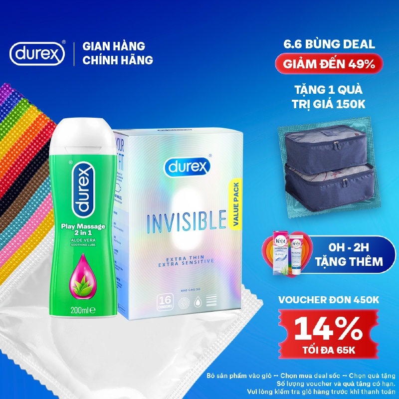 Bộ 1 hộp Durex Invisible siêu mỏng (size 52mm) và 1 chai gel bôi trơn ...