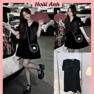 Váy Đầm Nữ Đen Cổ V Tay Bồng  Đính Nơ To Nổi Trước Ngực Chất Tuyết Mưa Kèm Quần Bảo Hộ Có Size