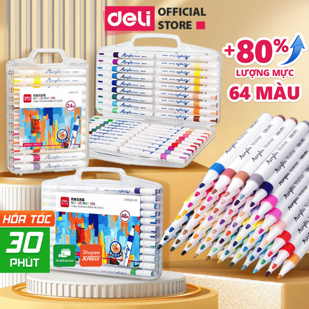 [MỚI] Bút Sơn Acrylic Marker Deli THÊM 80% MỰC - 12/24/36/48/64 Màu Tô ...