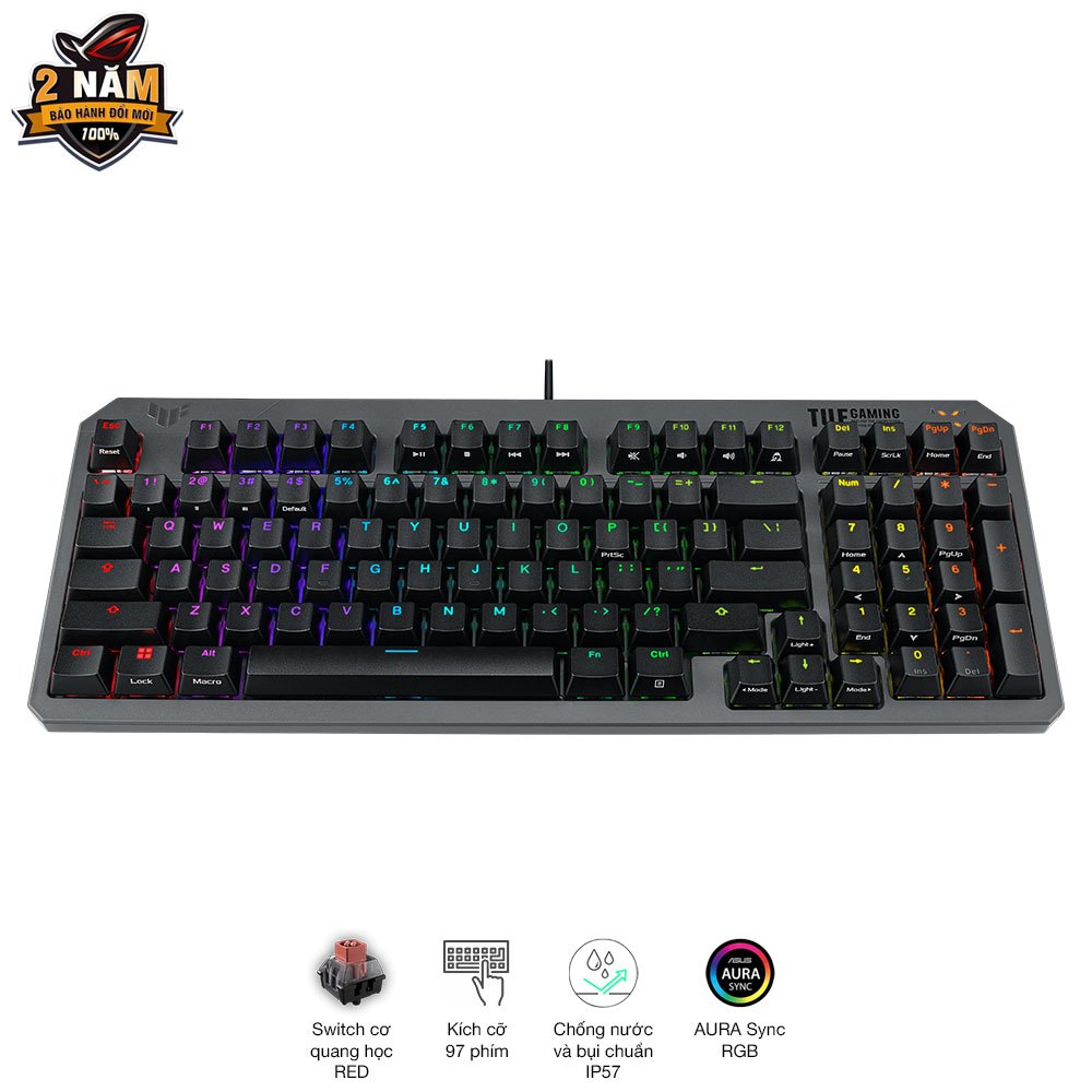 Bàn phím chơi game TUF Gaming K3 GEN II Thiết kế Gasket-Mount với lớp đệm silicon và lớp xốp tiêu âm, chống nước và bụi